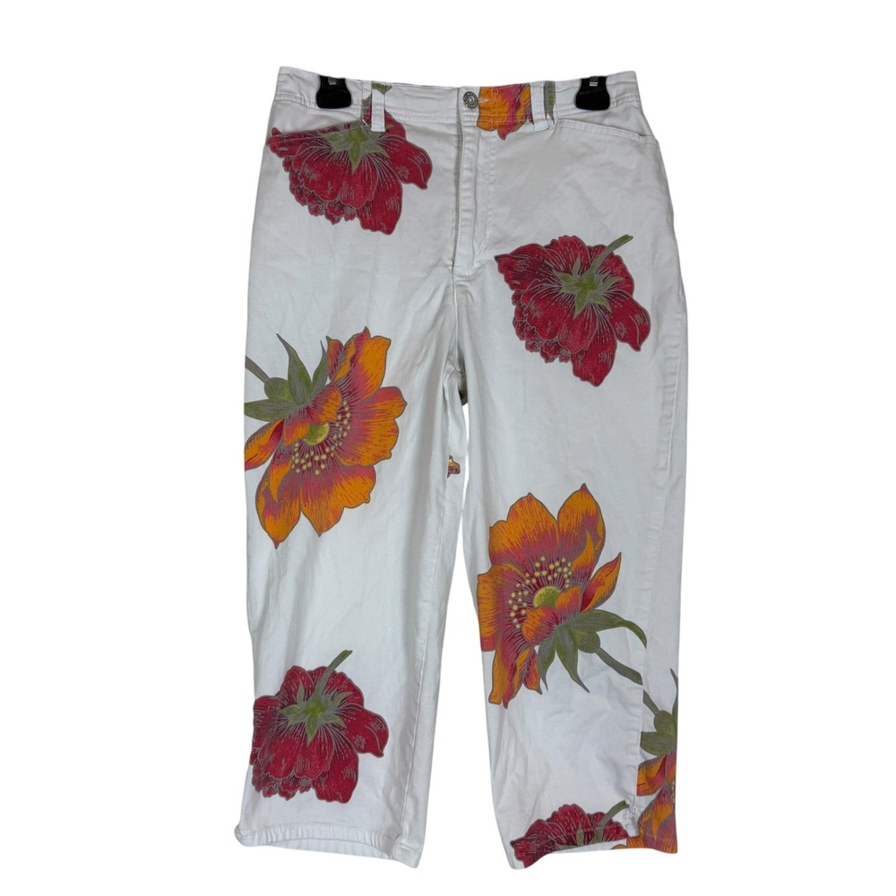 Gloria Vanderbilt Pants Womens 10 White Floral Capri Crop Twill Stretch Casual